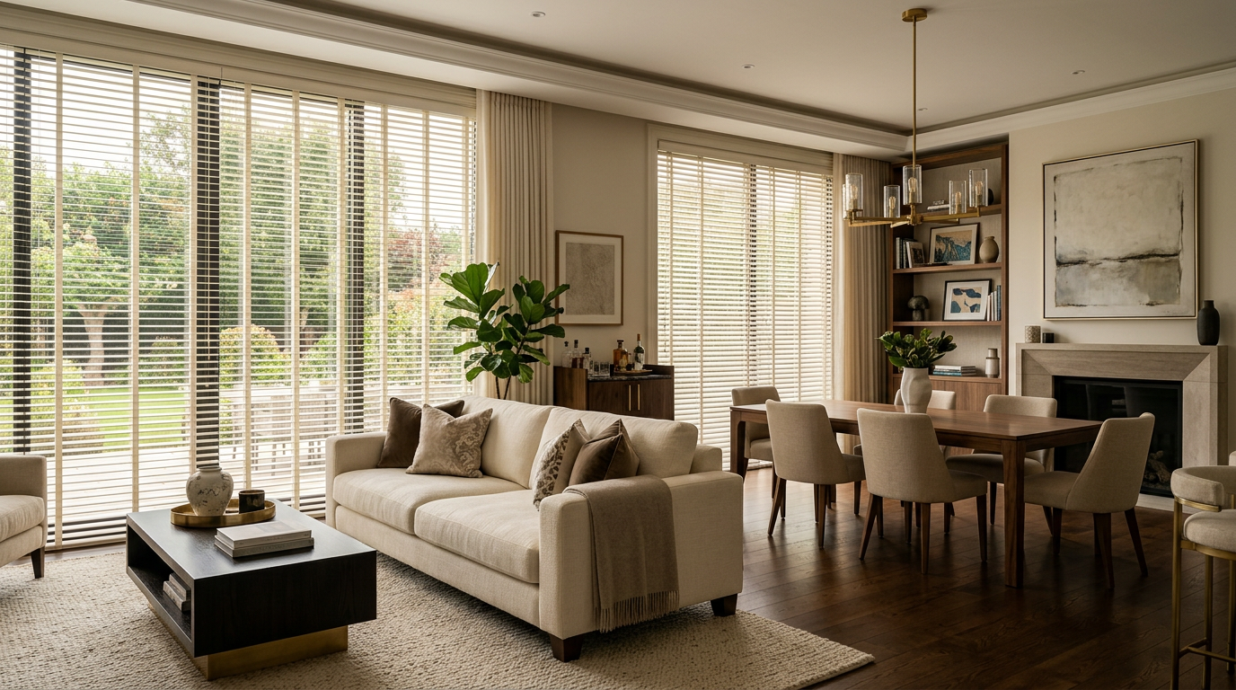 Bright living-dining room with beige sofa, wooden table, large windows with window blinds, plants, and neutral decor