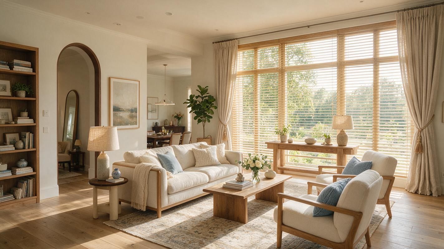 Cozy beige living room with sofa, armchairs, wood table, and large sunlit windows with blinds and drapery.