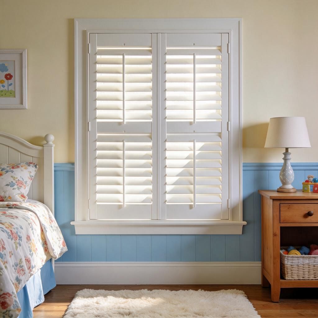 A cozy bedroom corner with a bed, shuttered window, blue wainscoting, and a wooden nightstand with lamp.