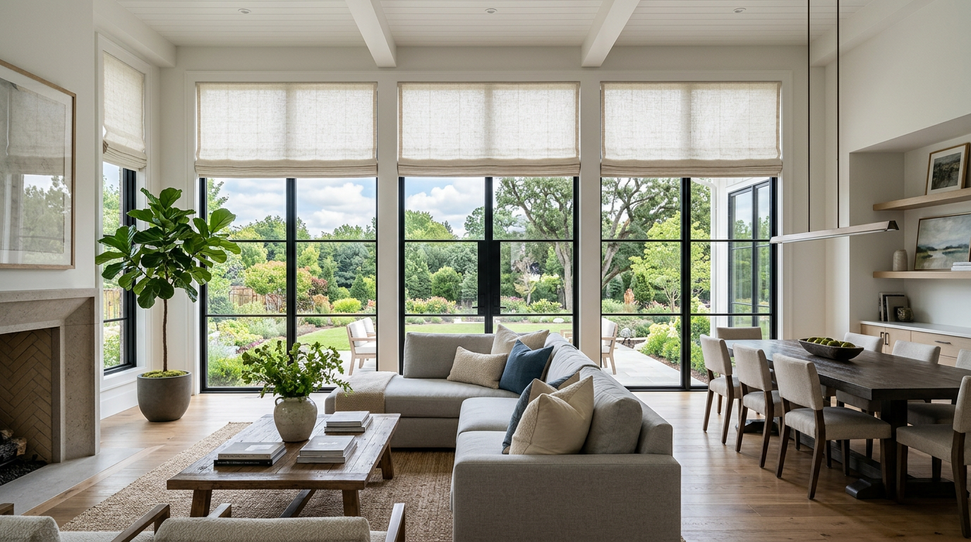 Bright living room with large windows, beige sofas, plants, fireplace, and dining table overlooking a garden
