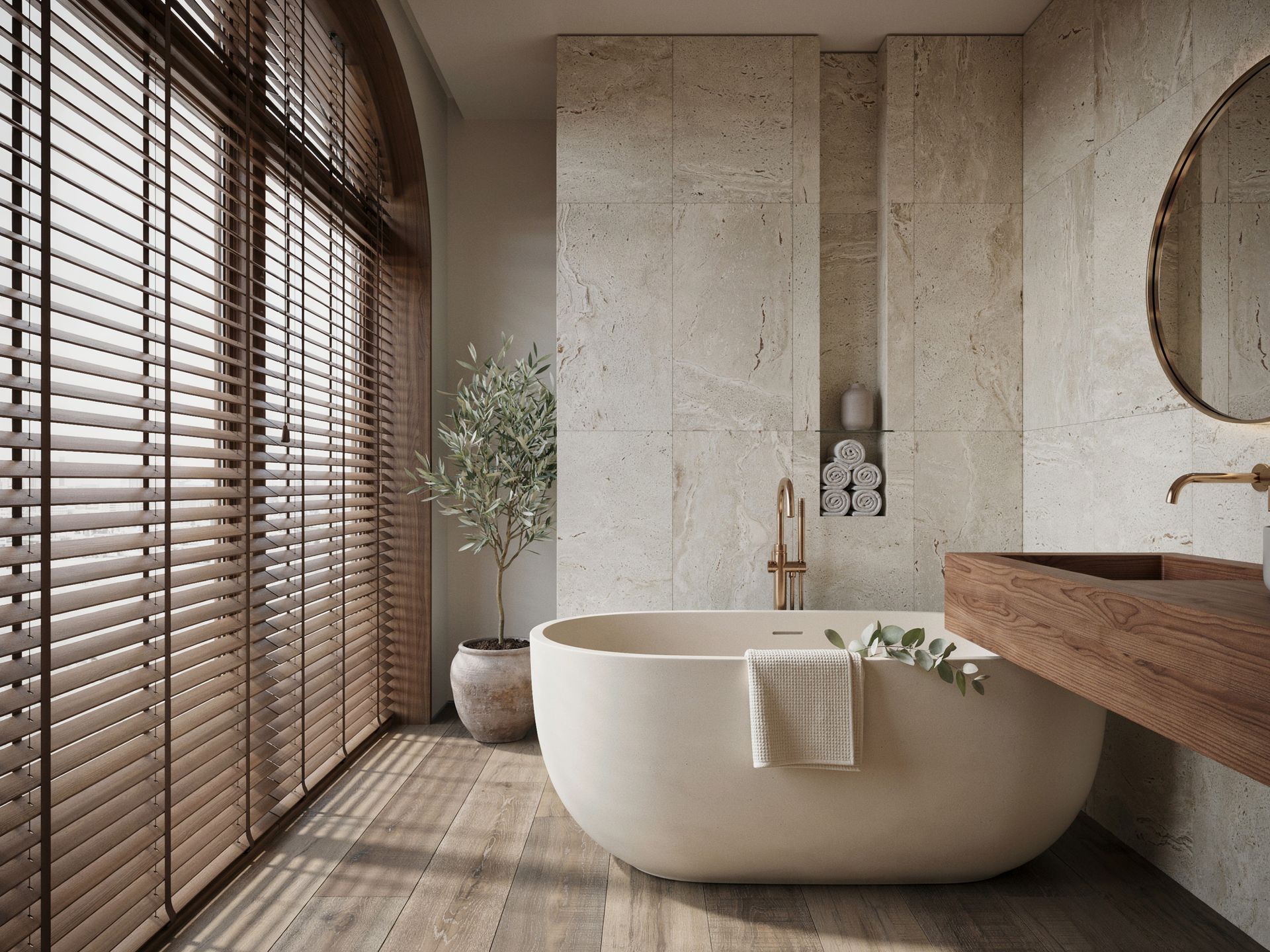 Minimalist spa bathroom with oval bathtub, wood vanity, large window blinds, and soft neutral tones