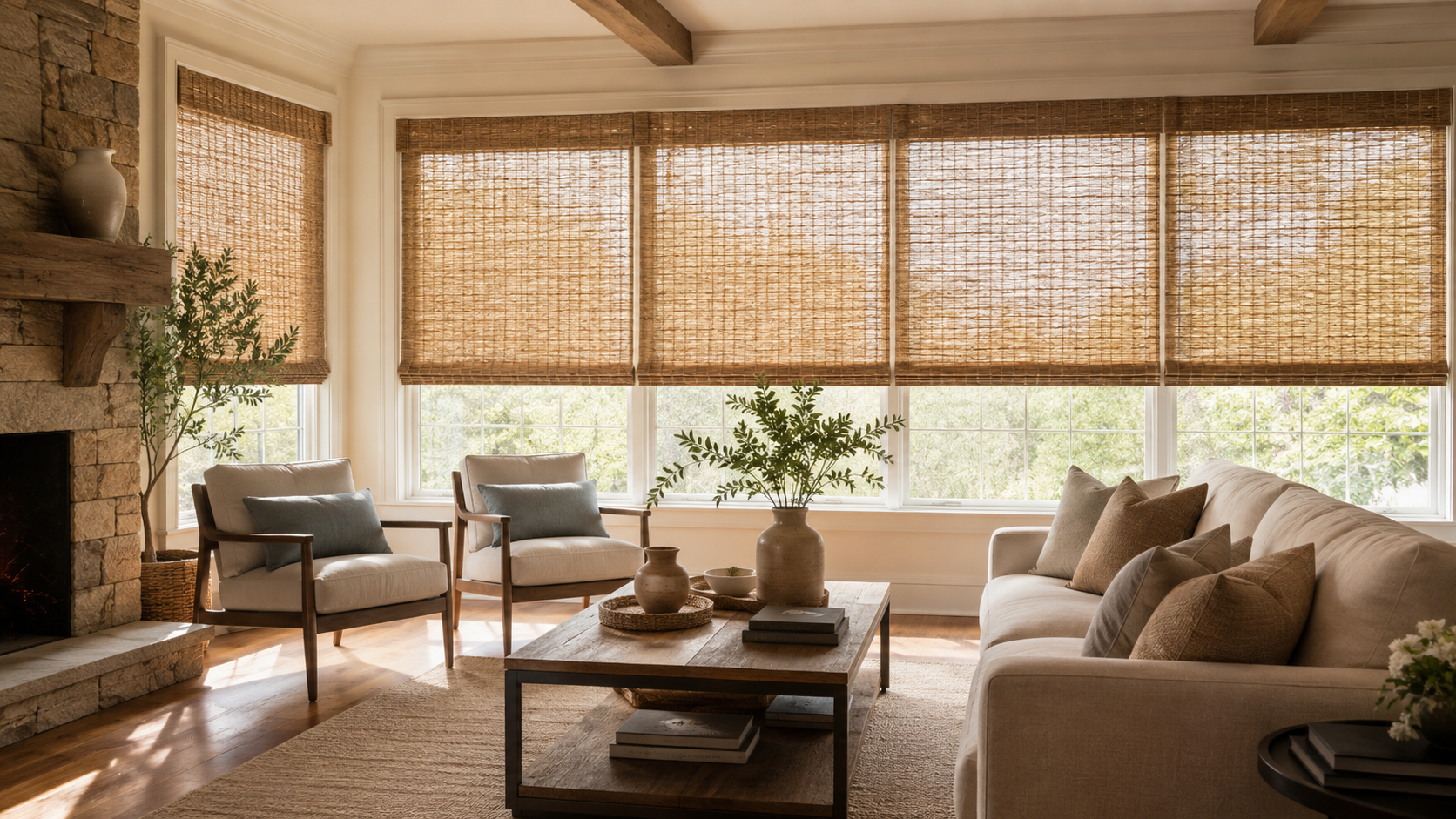 Cozy living room with beige sofa, chairs, wooden coffee table, and bamboo blinds filtering warm daylight