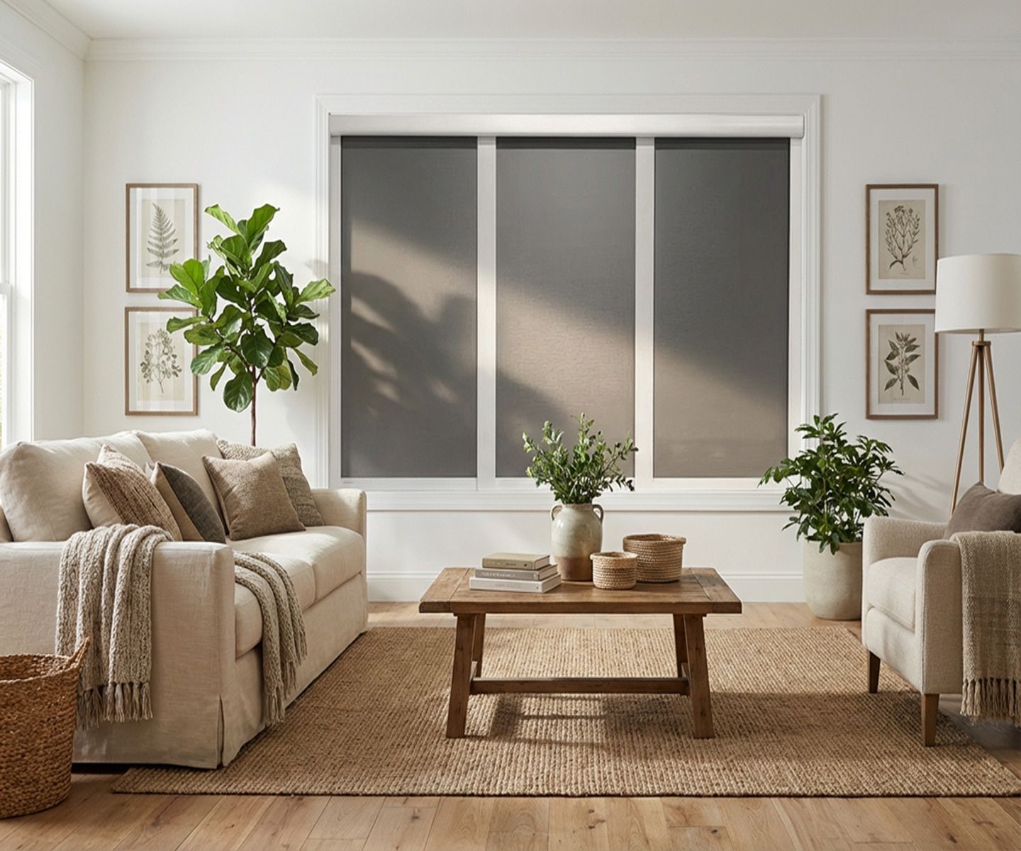 Cozy neutral living room with beige sofas, wood coffee table, plants, and a large window