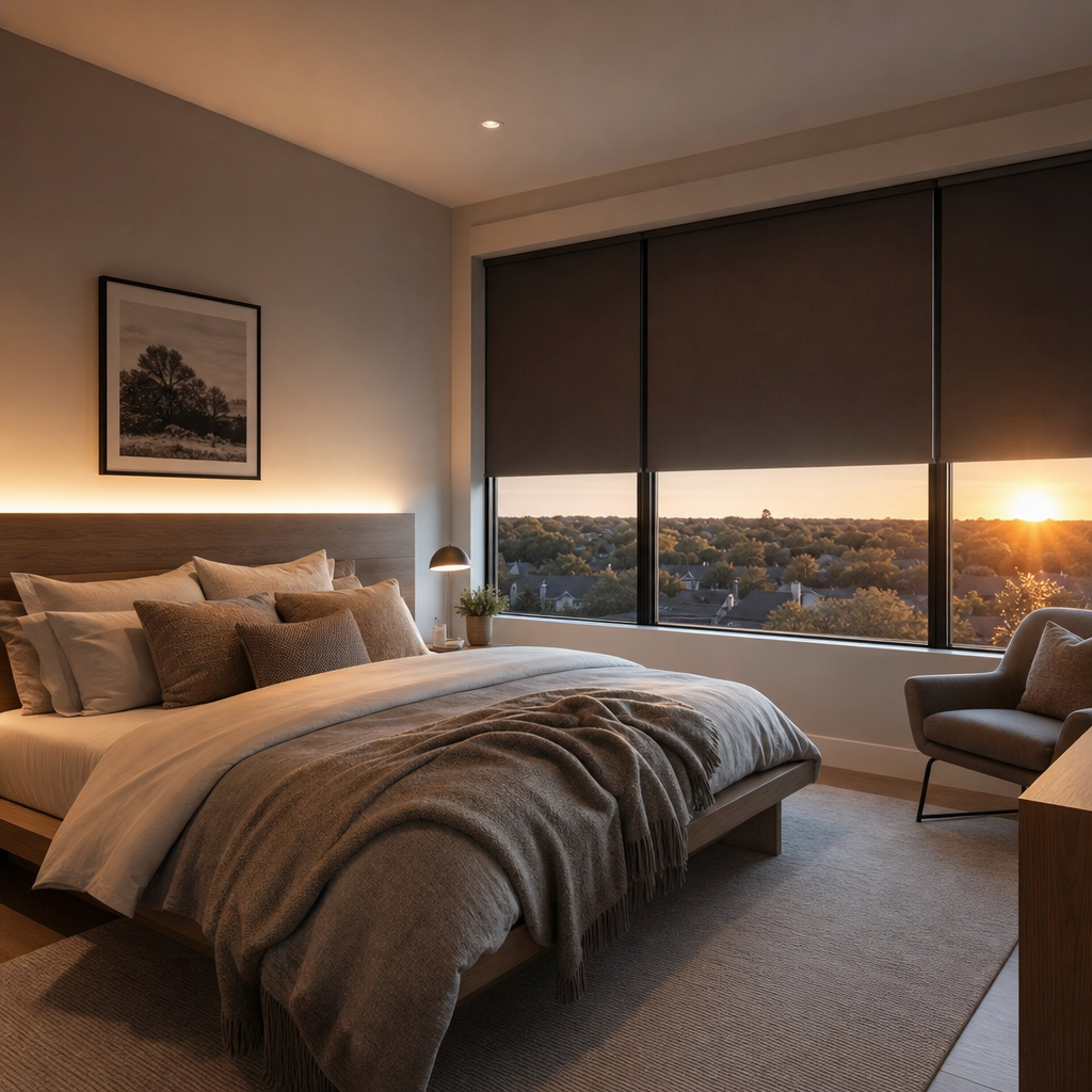 Modern bedroom with a made bed, warm lighting, armchair, and large window at sunset Modern bedroom with a made bed, warm lighting, armchair, and large window at sunset