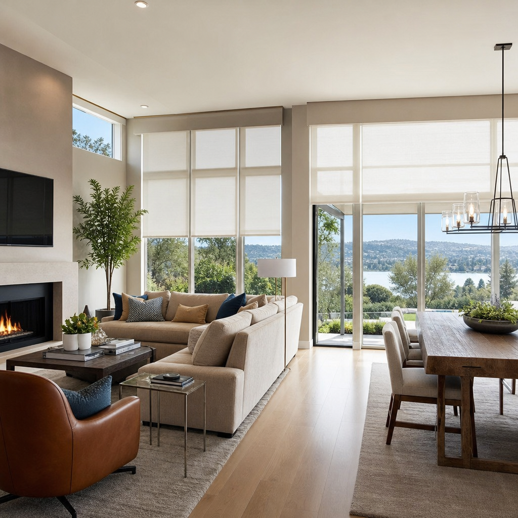 Bright modern living room with fireplace, sectional sofa, dining table, and large windows overlooking water. Bright modern living room with fireplace, sectional sofa, dining table, and large windows overlooking water.