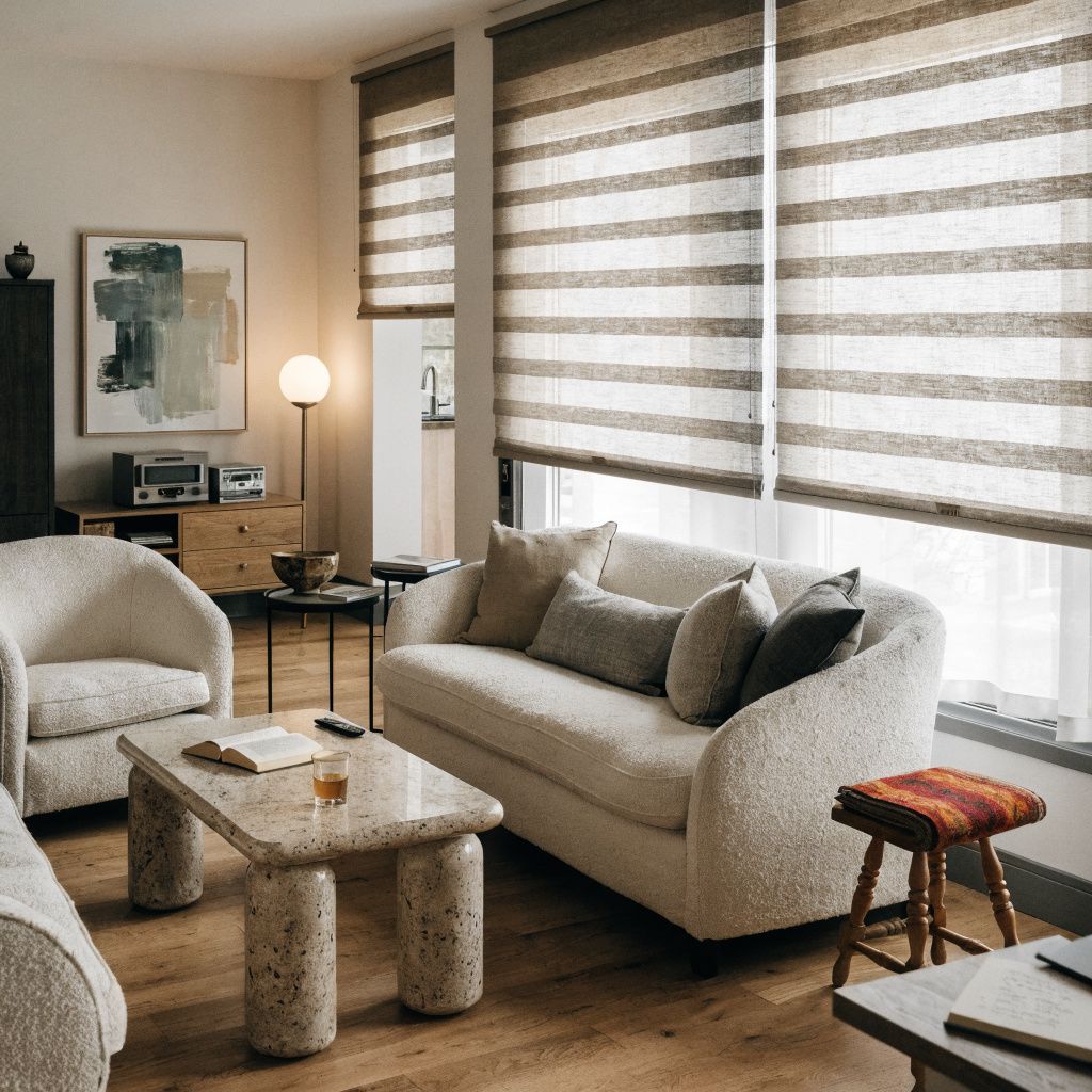 Cozy modern living room with beige sofa, armchair, coffee table, floor lamp, and striped window shades. Cozy modern living room with beige sofa, armchair, coffee table, floor lamp, and striped window shades.