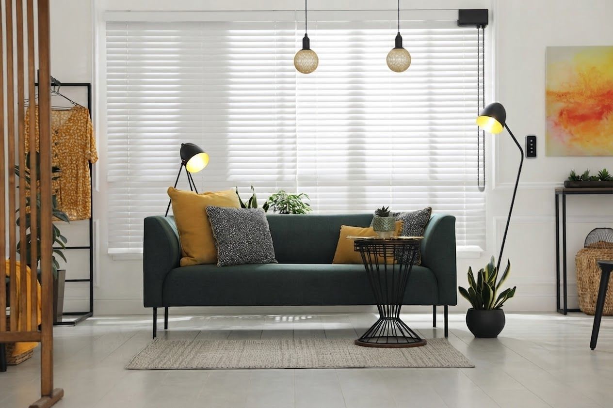Modern living room with dark sofa, yellow cushions, floor lamps, and a large window with blinds