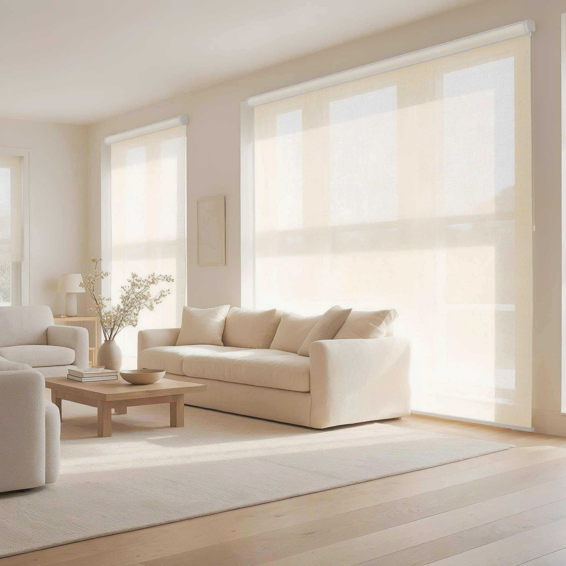 Bright minimalist living room with beige sofa, wooden coffee table, and large sunlit windows with sheer curtains Bright minimalist living room with beige sofa, wooden coffee table, and large sunlit windows with sheer curtains