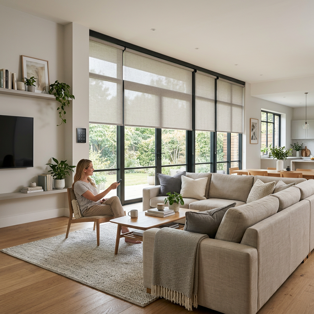 Bright living room with a large beige sectional, wide windows, and a person sitting in a chair reading Bright living room with a large beige sectional, wide windows, and a person sitting in a chair reading