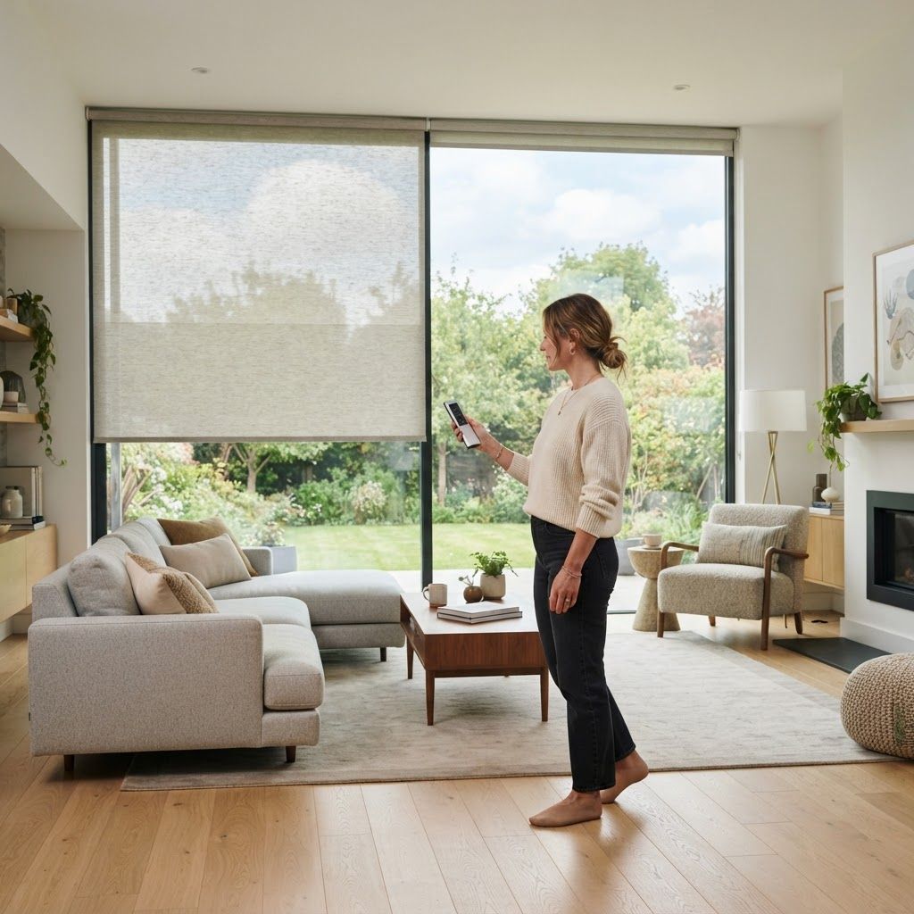 Person standing in a bright living room, holding a remote and facing a large window with garden view