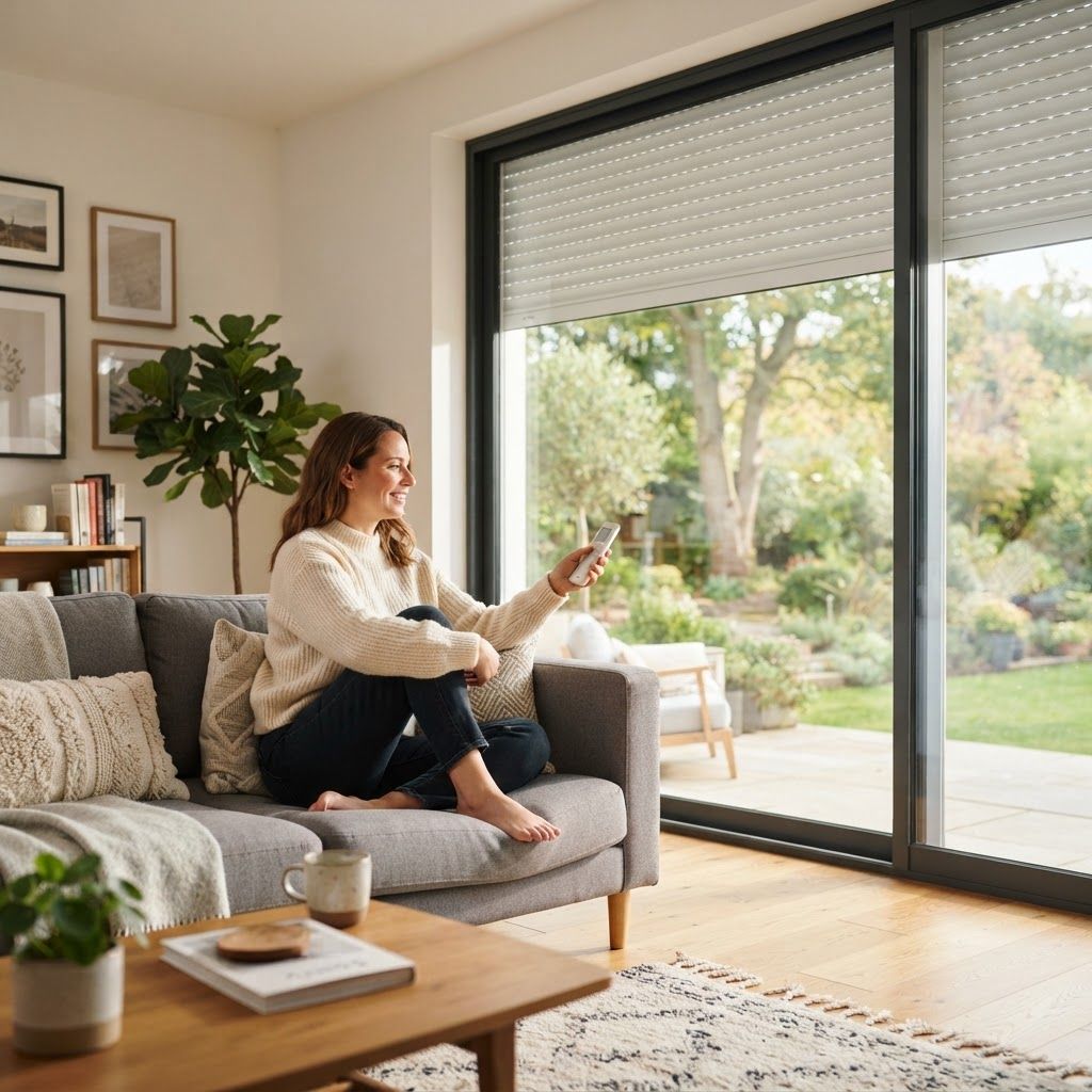 Woman sitting on a sofa in a bright living room, looking at her phone by a large sliding glass door