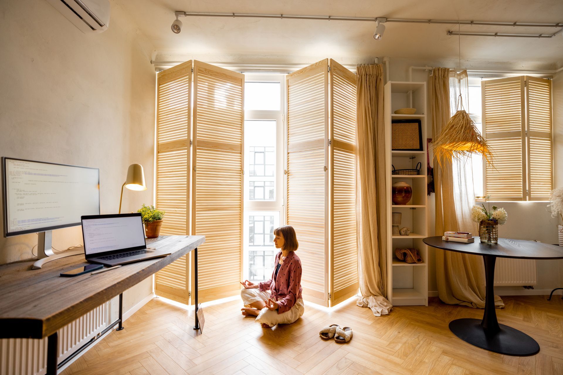 Child sitting on the floor in a sunlit home office with folding screens, desk, and hanging chair