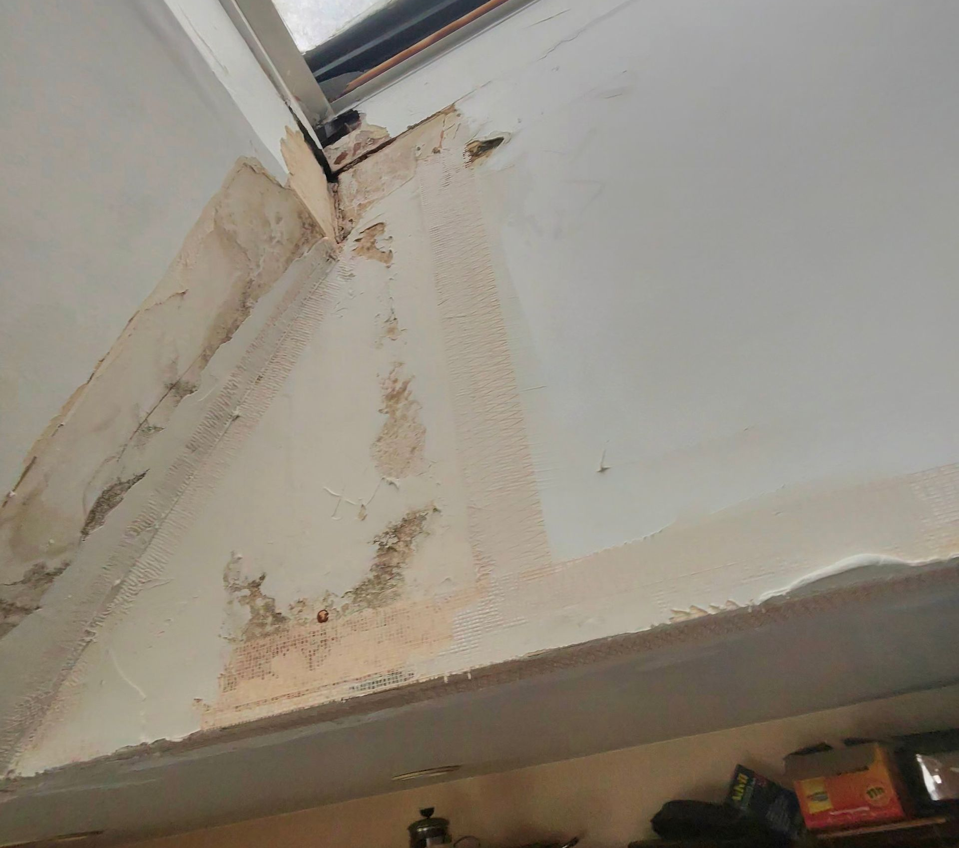 A close-up of a damaged ceiling corner showing peeling paint, plaster, and signs of water staining or moisture.