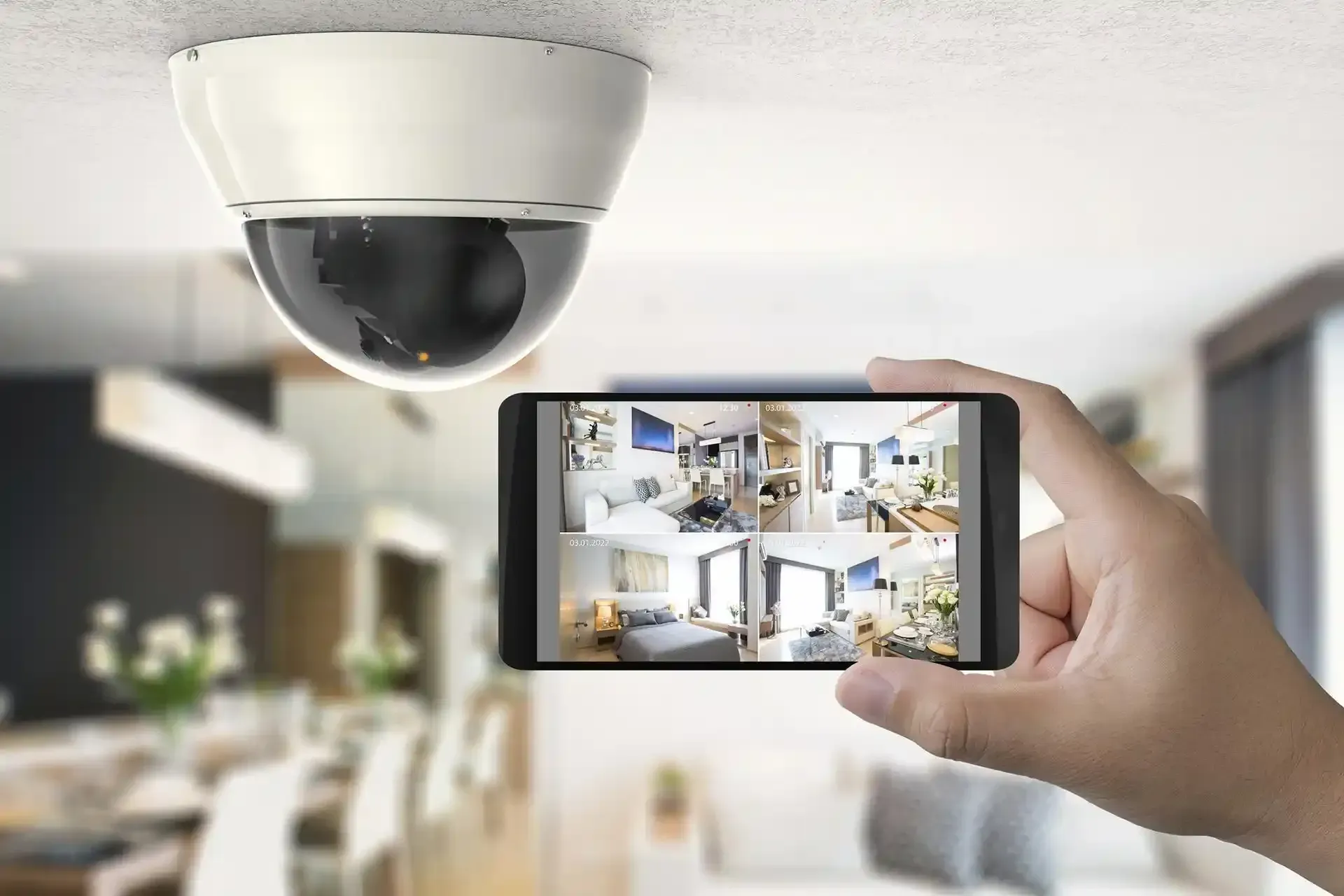 Telecamera di sicurezza in alto; telefono in mano che mostra riprese in diretta delle stanze interne.