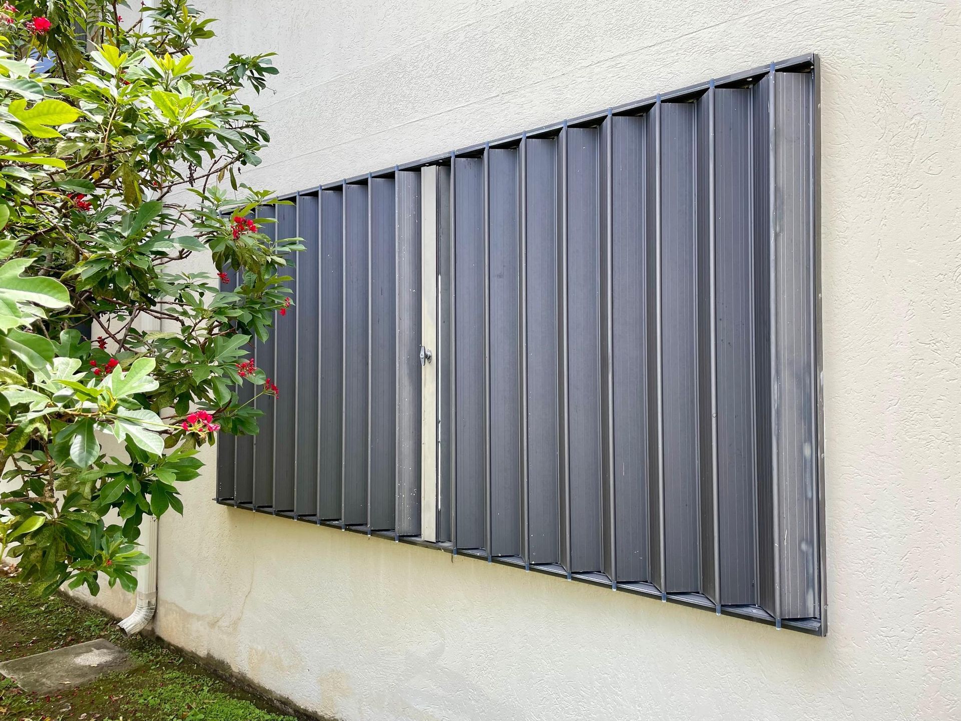 Gray metal shutters on a white exterior wall beside leafy bushes with red flowers