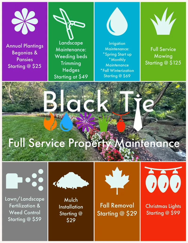 Black Tie landscaping services advertisement. Colorful icons for various services and prices.
