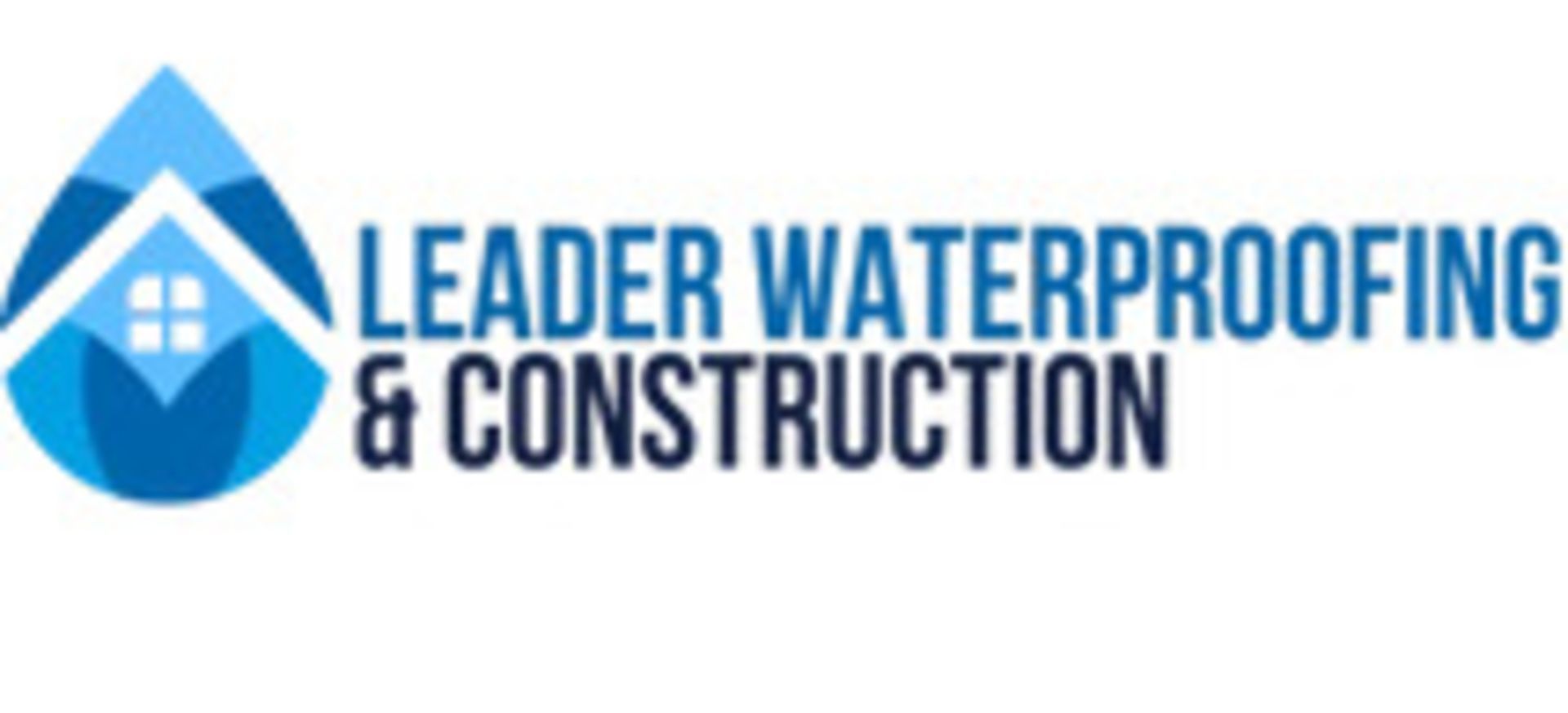 Leader Waterproofing & Construction blue logo with house and water droplet icon