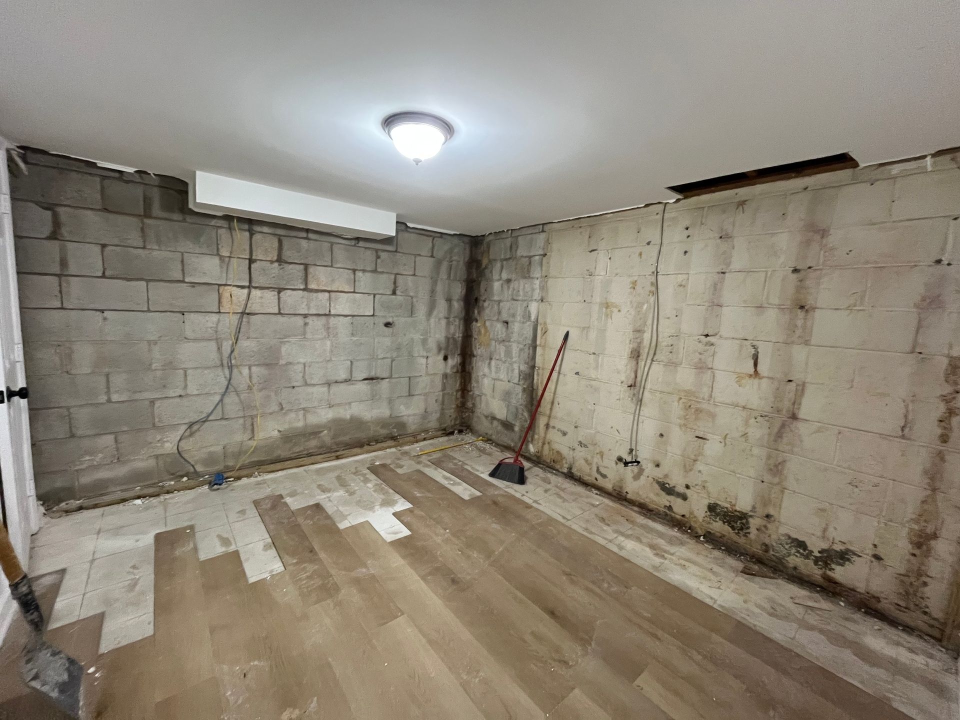 Bare basement room with exposed cinderblock walls, patchy wood floor, and a ceiling light.