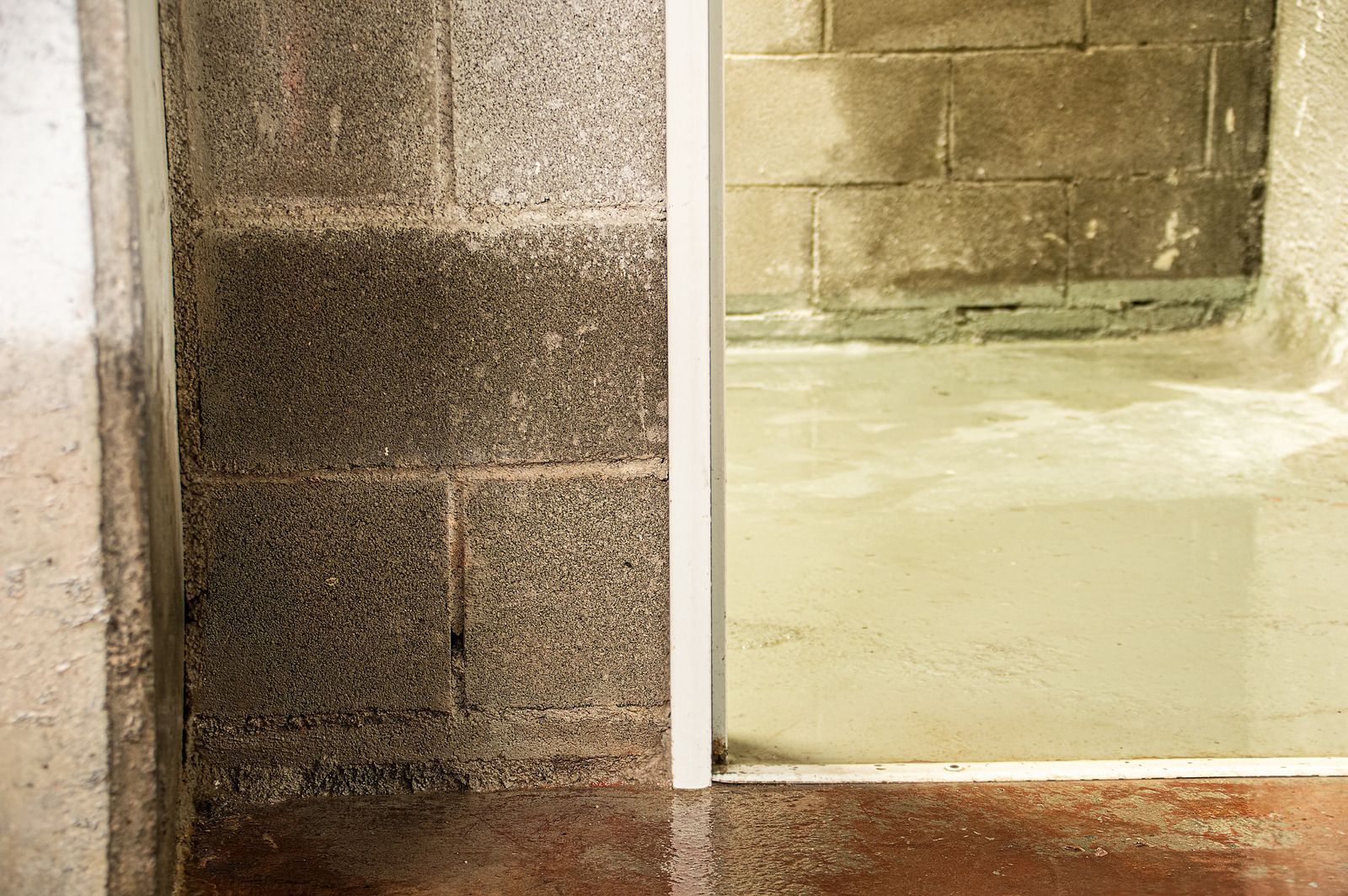Open doorway showing a stone wall and a flooded room with pale yellow water