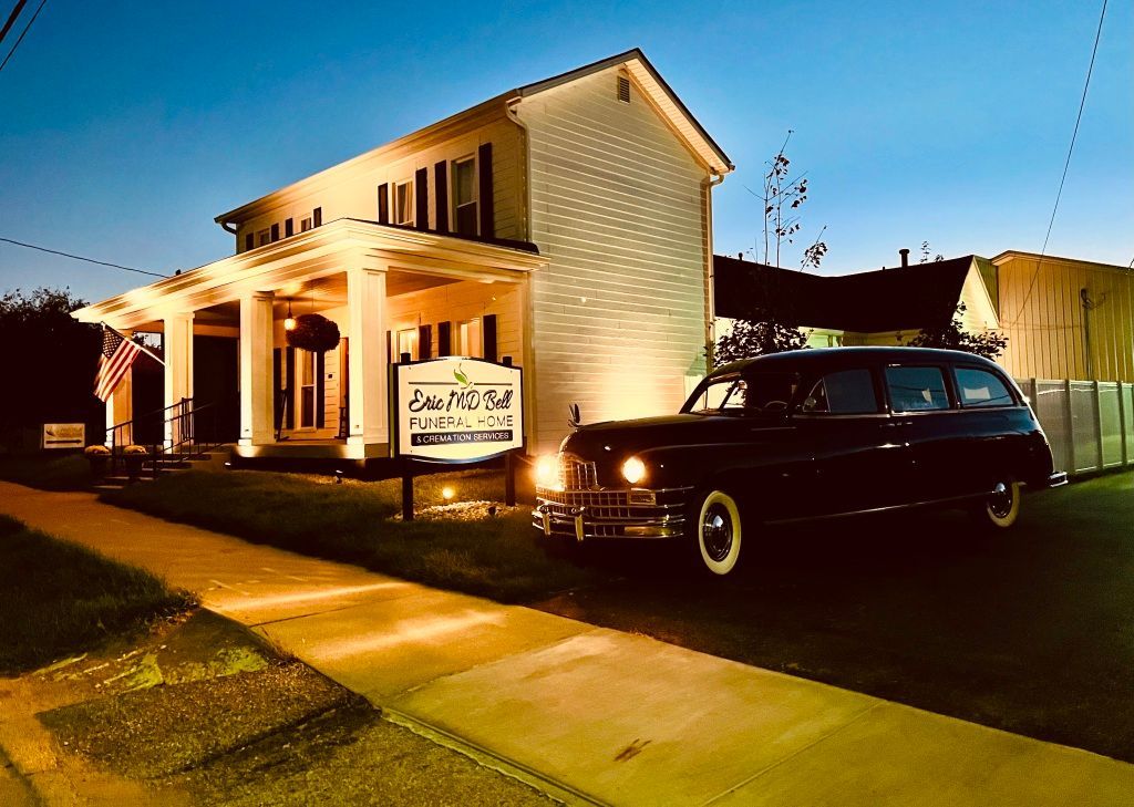 Exterior view at night in front of Eric MD Bell Funeral Home & Cremation Services in Pittsboro, IN.
