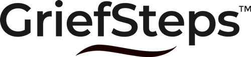 A logo for grief steps with an orange wave on a white background.