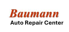 Baumann Auto Repair Center logo in orange script and black text on a white background