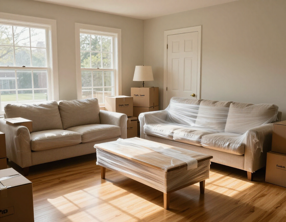 Bright living room with two beige sofas, a coffee table, and sunlight streaming through large windows.
