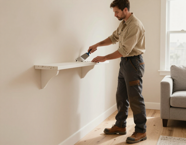 Person installing a white floating shelf on a beige wall in a bright living room.