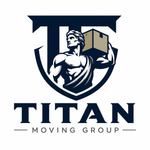 Titan Moving Group logo with a muscular figure carrying a box in navy and tan