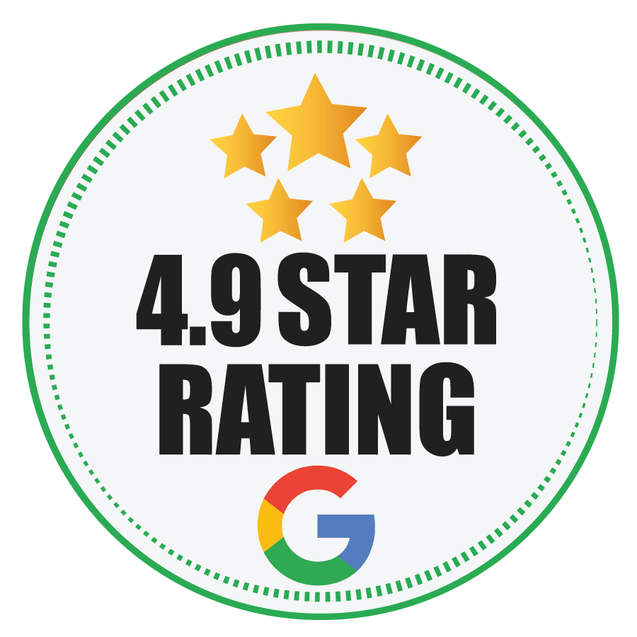 Google 4.9-star rating badge with five gold stars and green dotted border