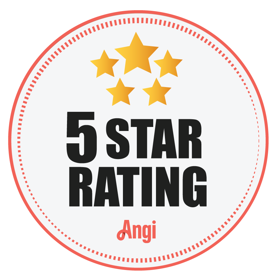 5-star rating badge with gold stars and Angi logo on a white background
