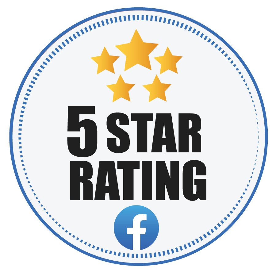Blue circular badge with five gold stars and bold text “5 STAR RATING” above a Facebook logo