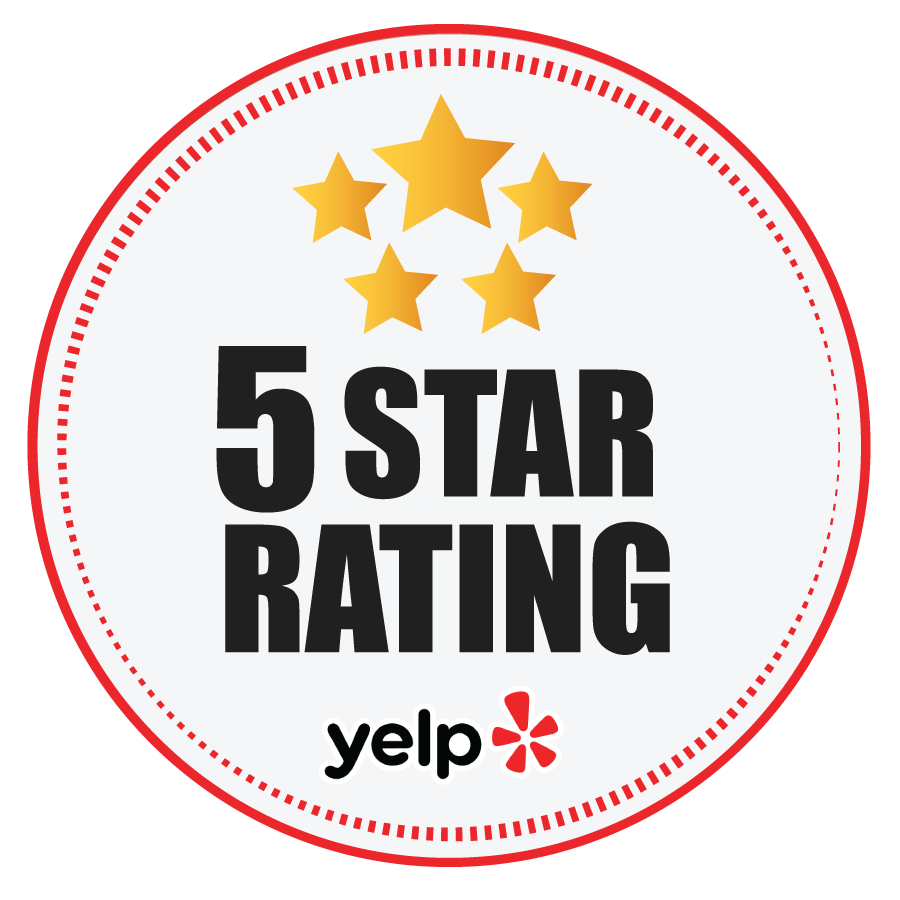 Yelp 5-star rating badge with five gold stars and red circular border
