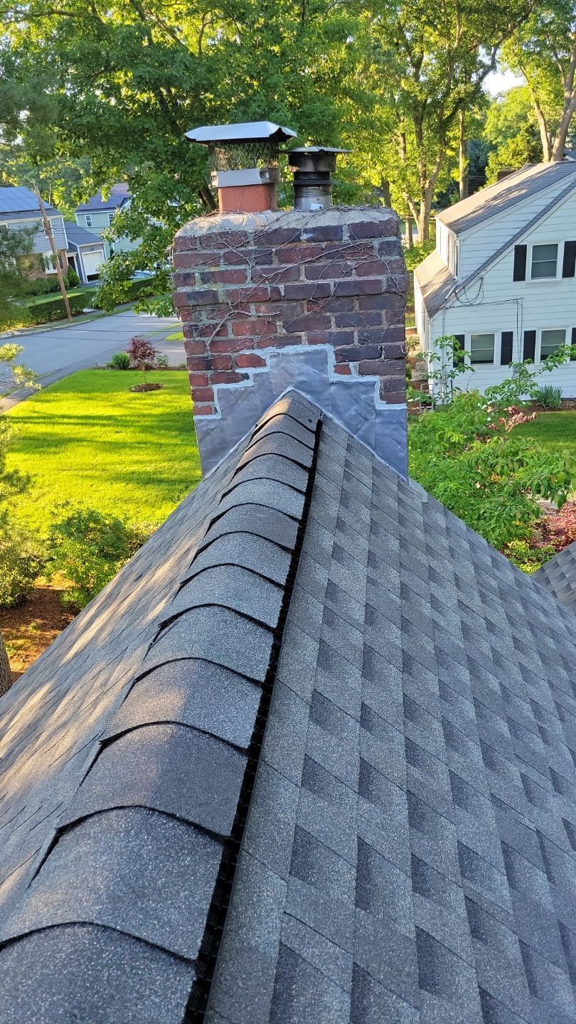 A brick chimney with metal caps and grey flashing on a shingled roof, set against a suburban neighborhood background.