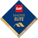 GAF Master Elite diamond logo in blue, red, gold, and white with “Training” and “Roofing Contractor” text