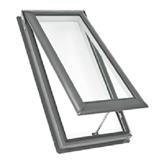 A picture of a skylight window with the glass open.