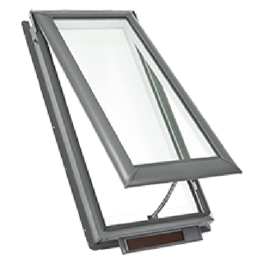A picture of a roof window with the glass open.