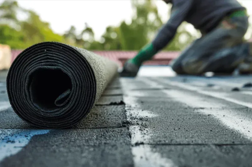 Roll of black roofing material on a roof, worker installing it.