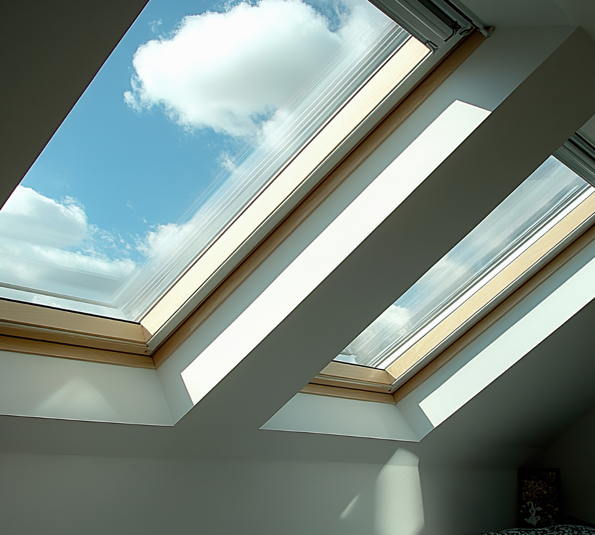 Three skylights in a white ceiling frame a blue sky with fluffy clouds.