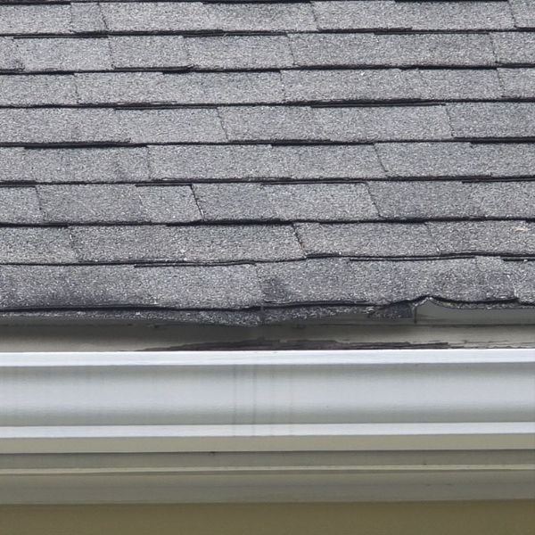 Gray asphalt shingles above a white gutter; portion of house visible.