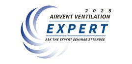 Logo for Airvent Ventilation Expert seminar. Blue and white colors. Text includes