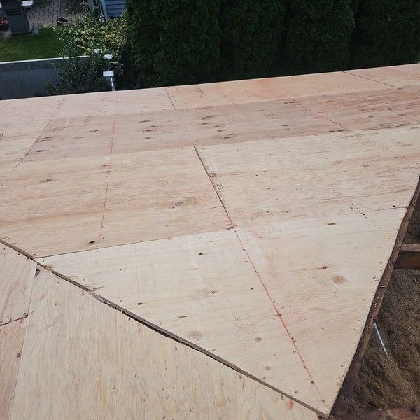 New CDX plywood roof decking installed on a Bellingham MA roof replacement