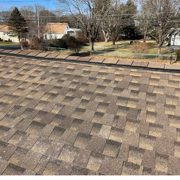 Brown shingle roof with houses and trees in the background under a blue sky.