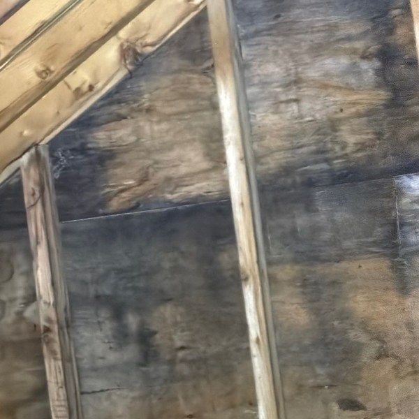 Dark condensation staining on attic roof decking in a Blackstone MA home