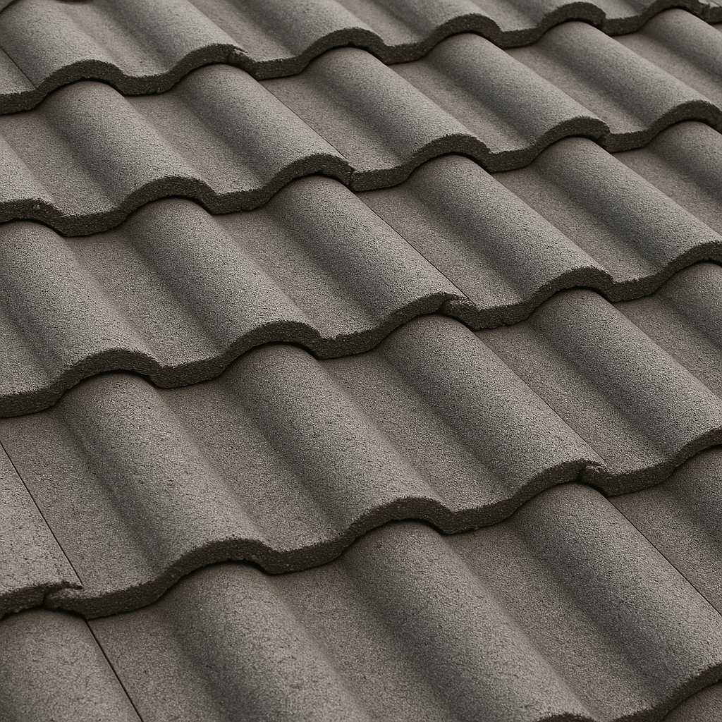 Gray concrete roof tiles in a wavy pattern, angled perspective.