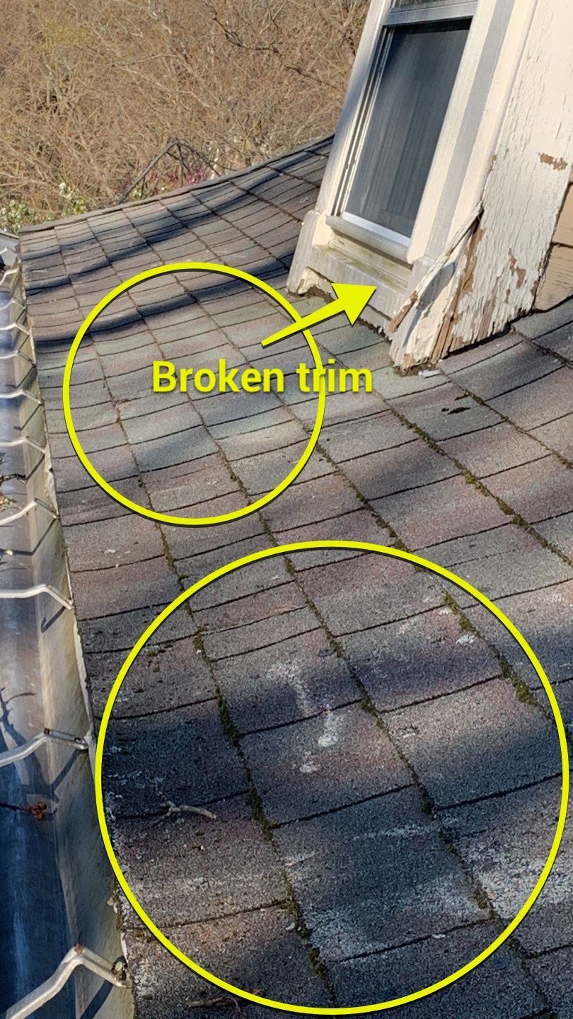 Close-up of a dark shingled roof with a broken trim piece and circled areas highlighting roof damage.