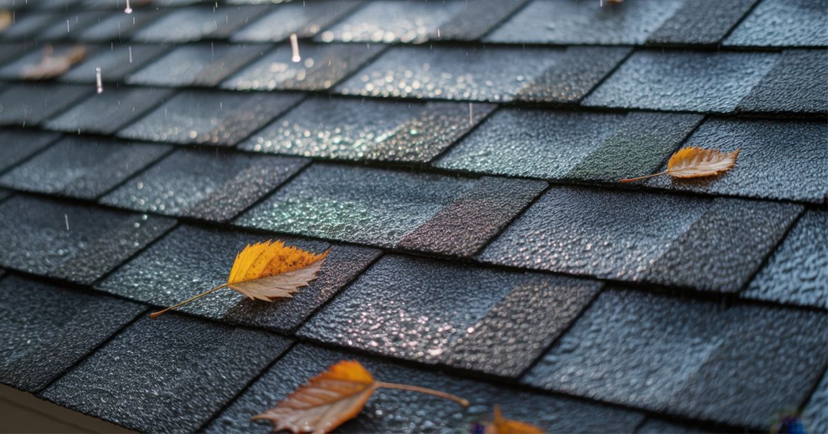 Asphalt roof with falling leaves