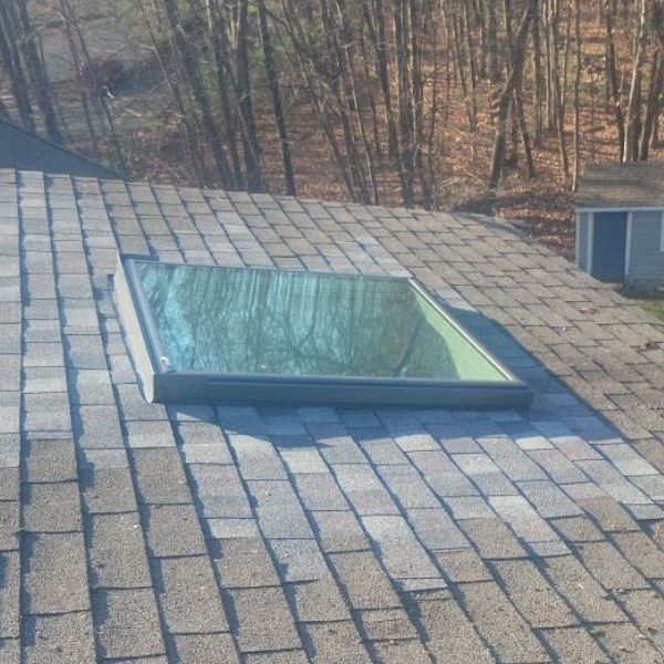 A rectangular skylight installed on a sloped asphalt shingle roof, overlooking a forest.