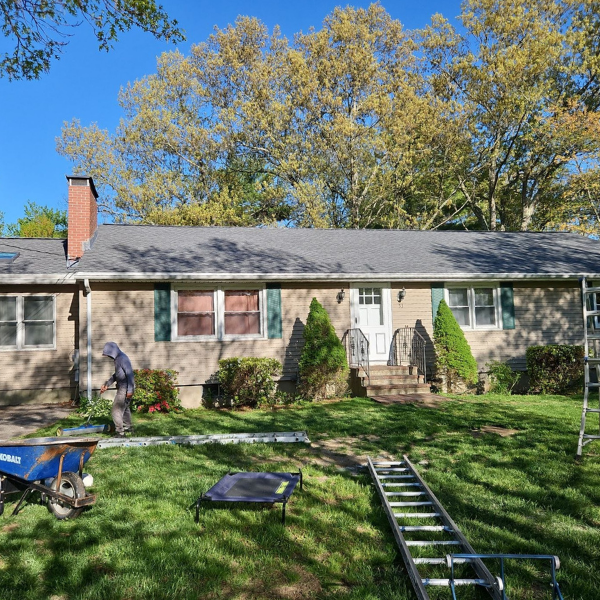 Completed roof replacement on a 1965 ranch home in Grafton, Massachusetts.
