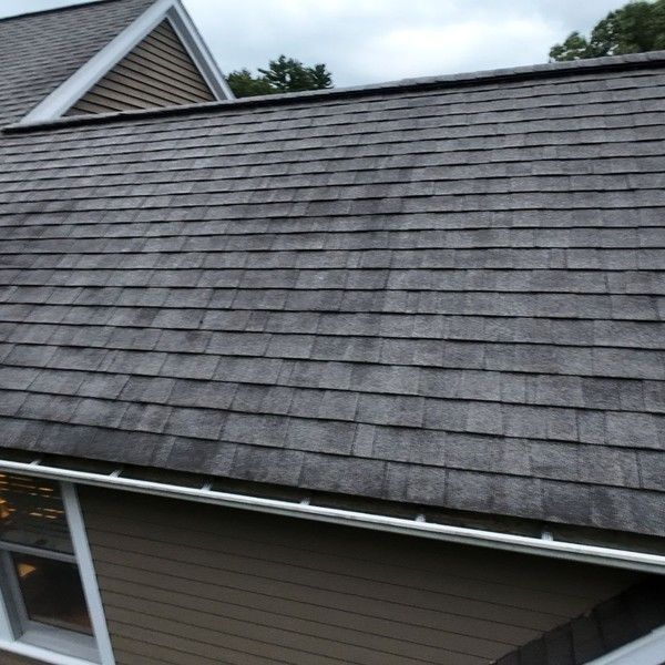 Algae-streaked, weathered 3-tab asphalt shingle roof on a Colonial in Holliston MA before replacement